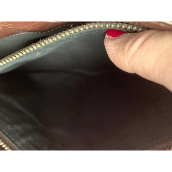 Vtg DKNY Handbag Purse Brown Tooled Deer Leather Stitches Zip Top Double Handles - Picture 6 of 8